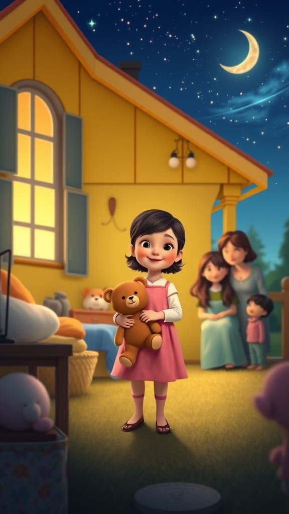 Cozy Cottage Scene with Girl and Teddy Bear