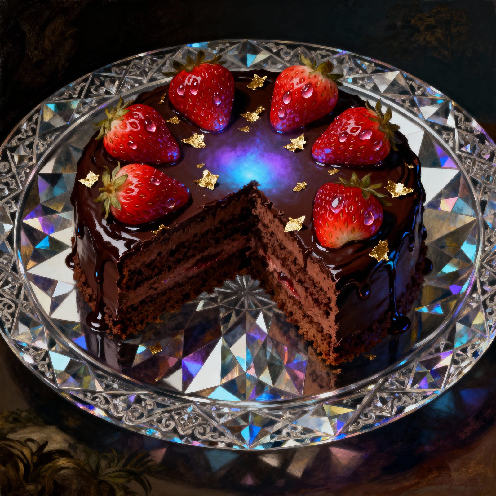 Enchanted Chocolate Strawberry Cake on Crystal Platter