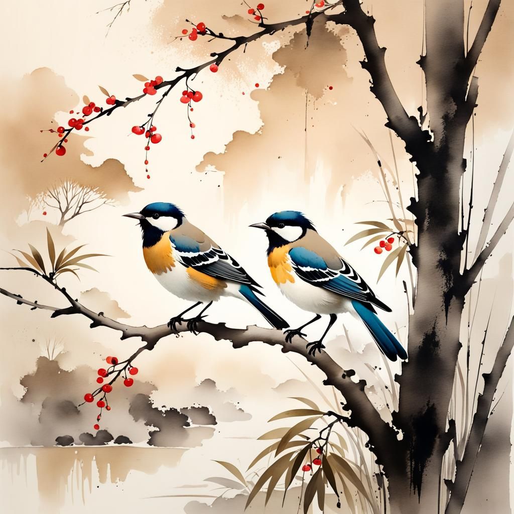 Birds in Muted Chinese Ink Painting Style