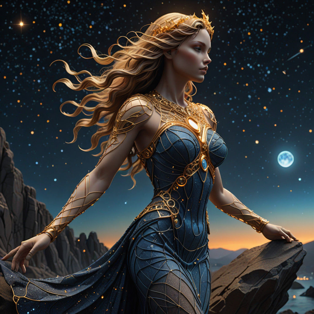 Aphrodite in Starry Night: Hyper-realistic Fantasy Sculpture