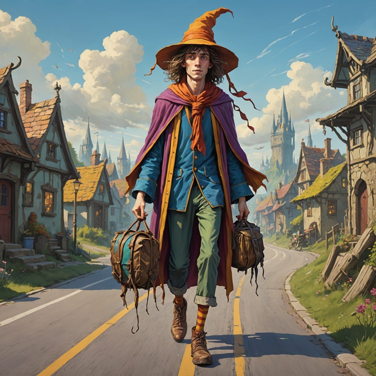 Wizard and Walking Trunk on Colorful Road