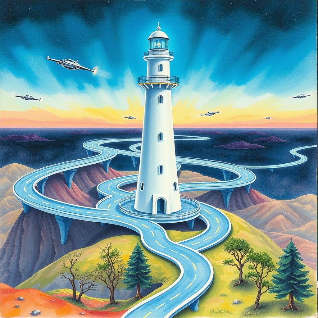 Future Lighthouse in Vibrant Cyberpunk Wonderland