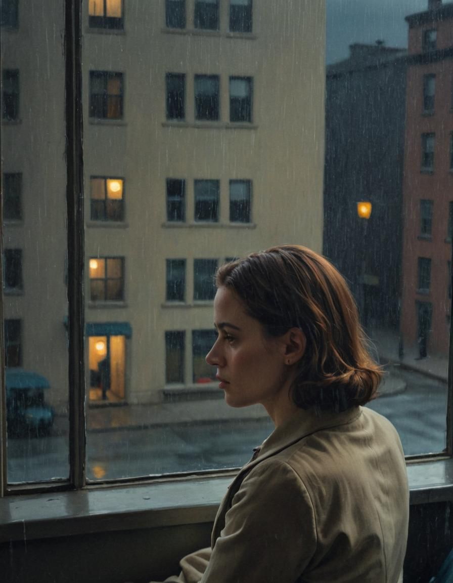 Lonely Woman Contemplates Rainy Cityscape in Moody Oil Paint...