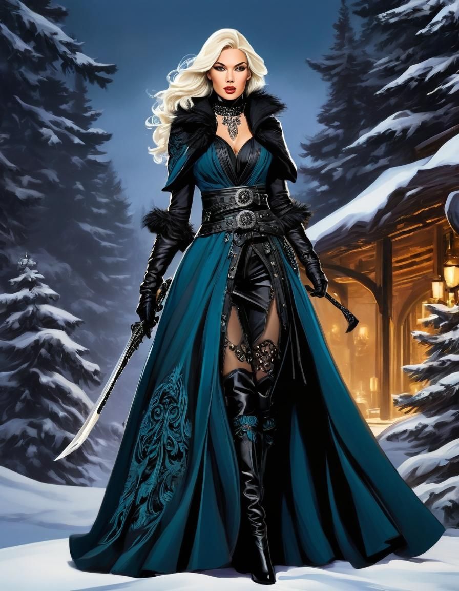 Whimsical Watercolor Woman Warrior in Winter Wonderland