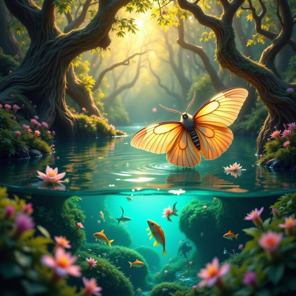 Glowing Lunar Moth Above Picturesque Creek