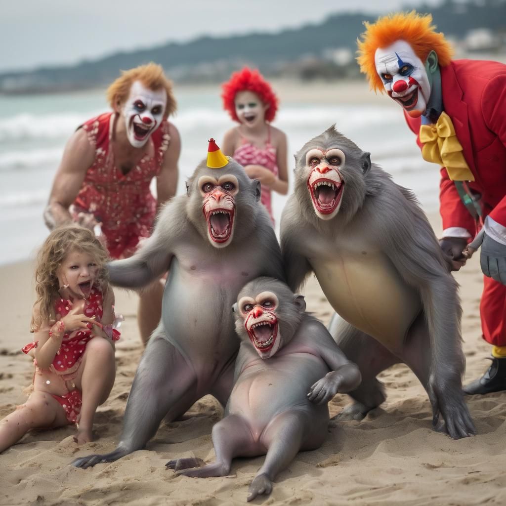 Surreal Clown Family Reckons with a Dead Porpoise on Beach