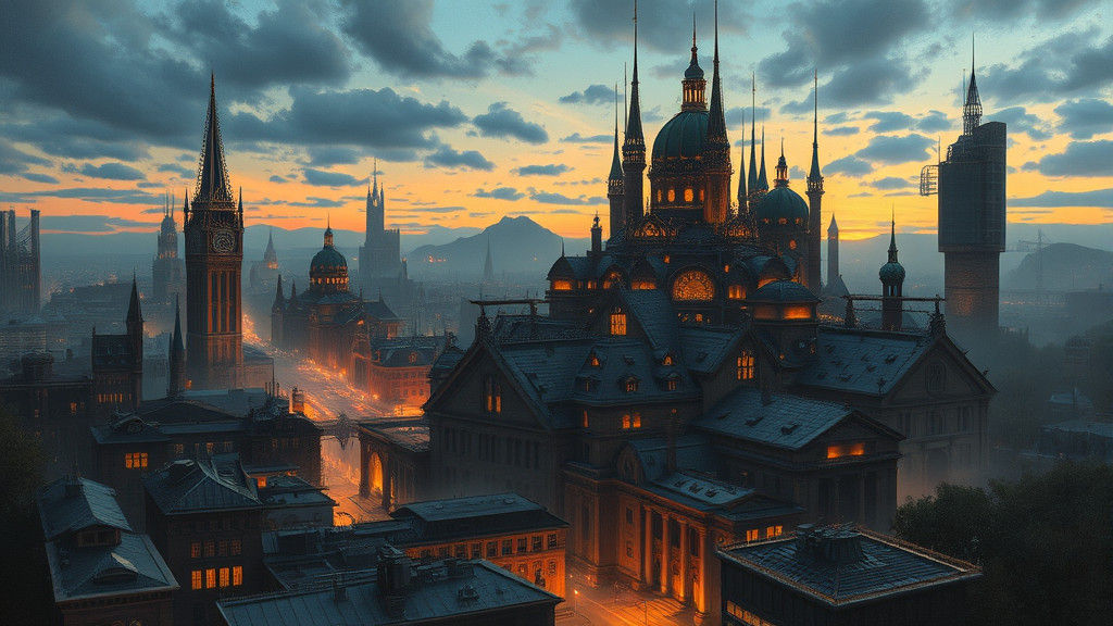 Surreal Cityscape at Dusk in Detailed Oil Painting Style