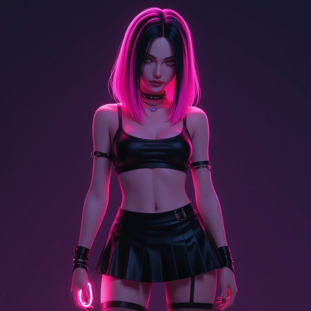 Androgynous Figure with Pink Wig in Neon Fantasy Art