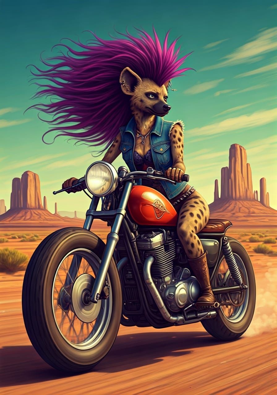 Scuzzpunk Hyena Motorcycle Ride in Retro Style