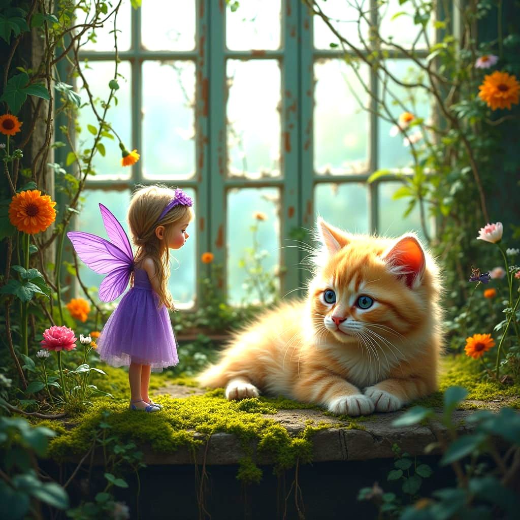 Kitten and Fairy in Overgrown Greenhouse