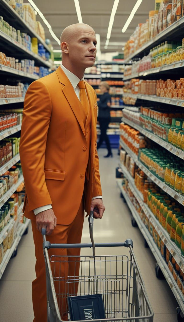 Cartoonish Man in Orange Suit with Shopping Cart