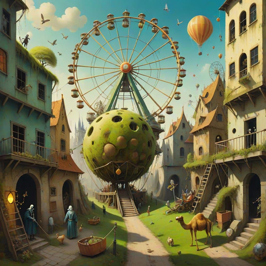 Surreal Village Scene in Hieronymus Bosch Style