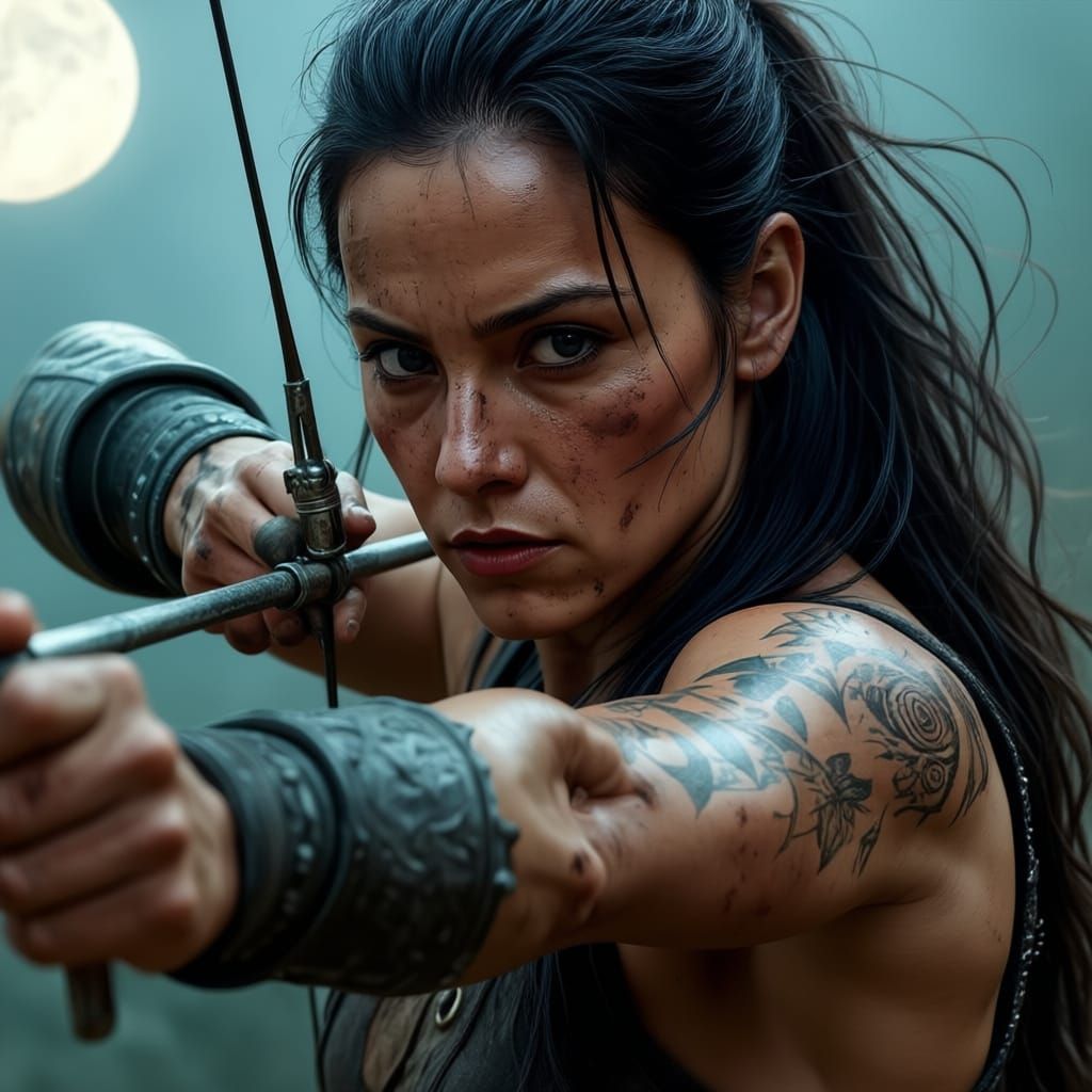 Fierce Warrior Aims Bow Under Full Moon