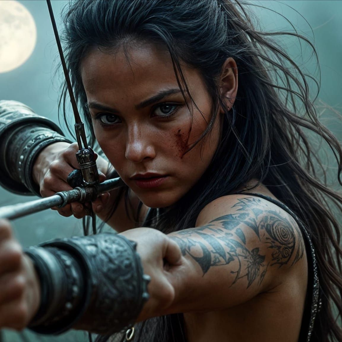 Fierce Warrior Aims Bow Under Full Moon