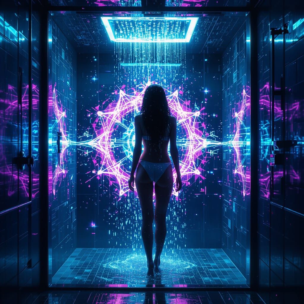 Futuristic Shower Scene with Monochromatic Media Fractals