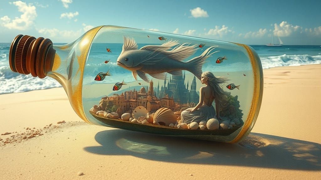 Dreamlike Scene Within a Weathered Glass Bottle on a Sun-Kis...