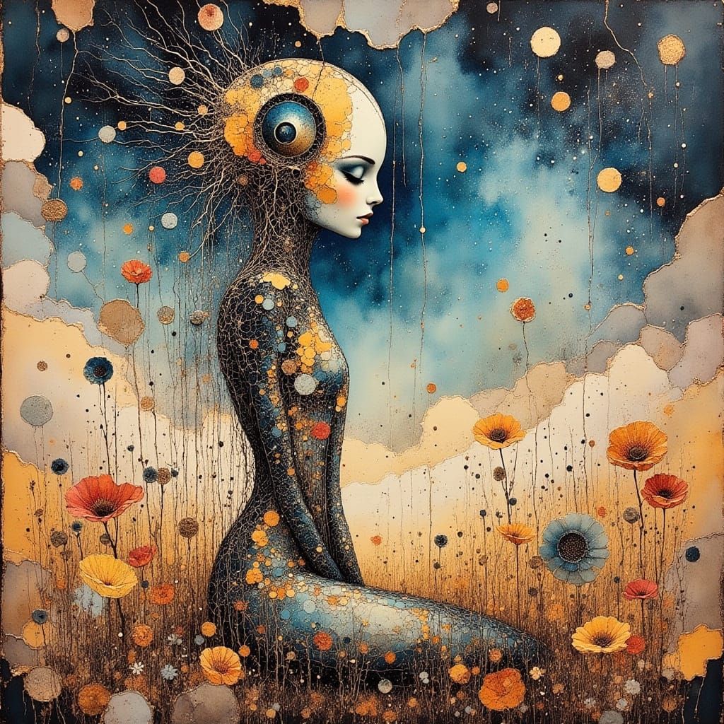 Surreal Robot Tends Desert Flowers Under Alien Sky