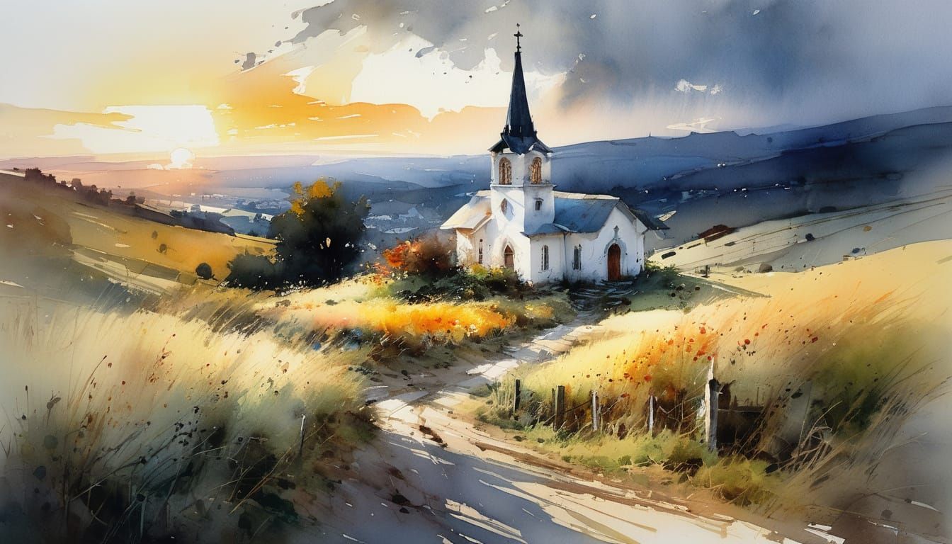 Watercolor Church in Enchanting German Countryside