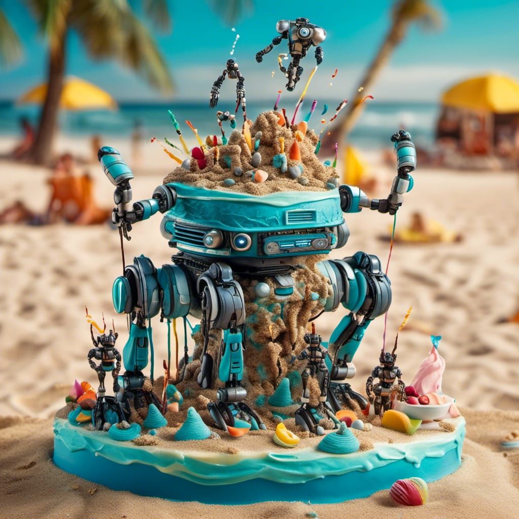 Futuristic Robot Birthday Party on a Bioluminescent Beach