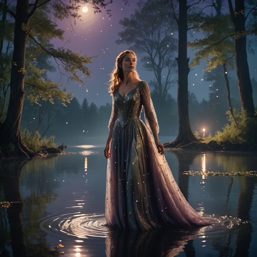 Mystifying Woman at Moonlit Lake: Impressionist Film Still