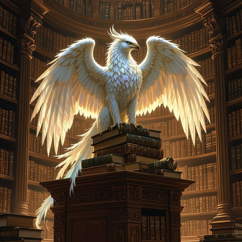 Griffin in Library: Fantasy Illustration Style