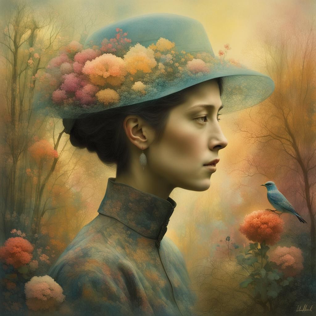 Surreal Double Exposure Portrait of Woman in Garden