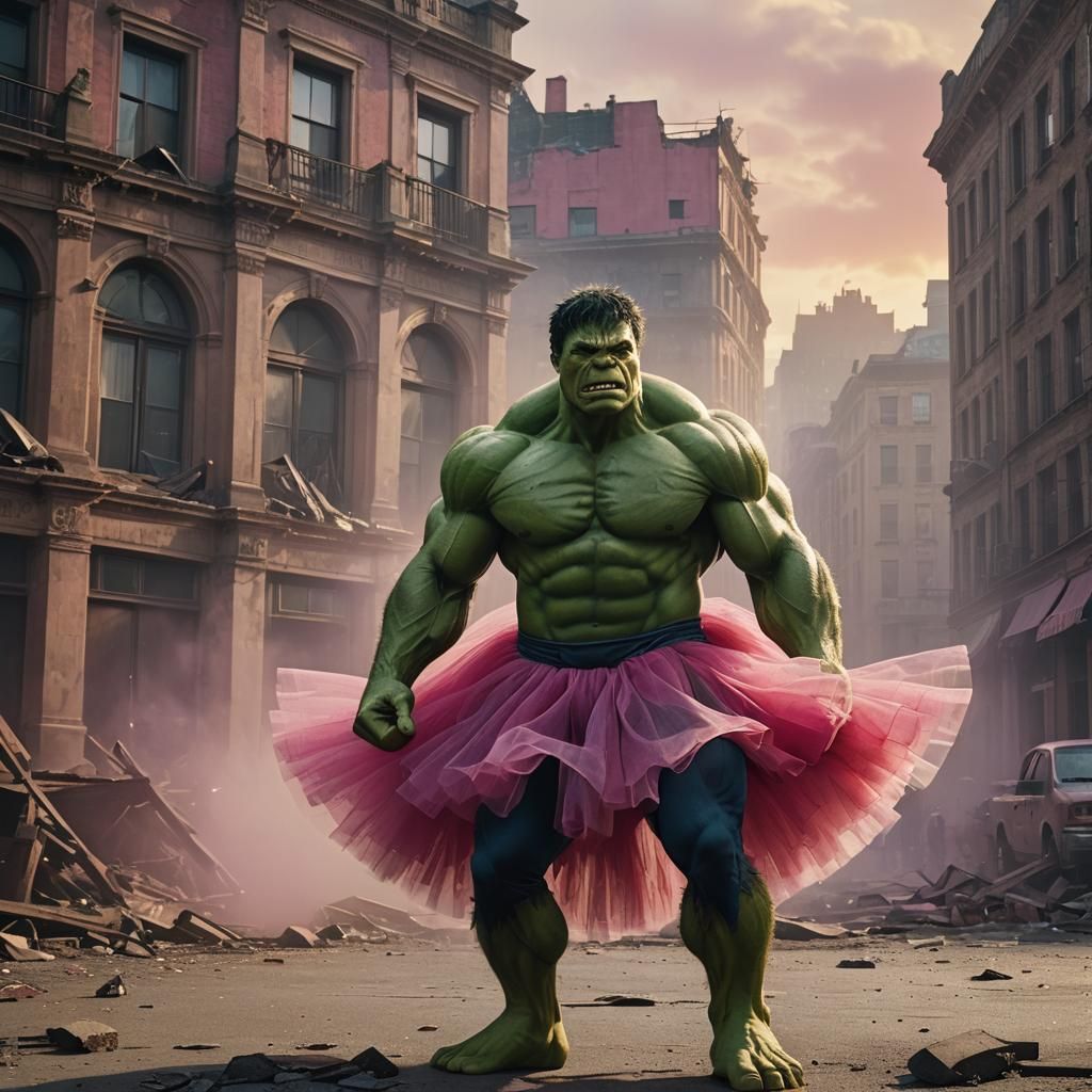 Hulk in Pink Tutu in Ruined City
