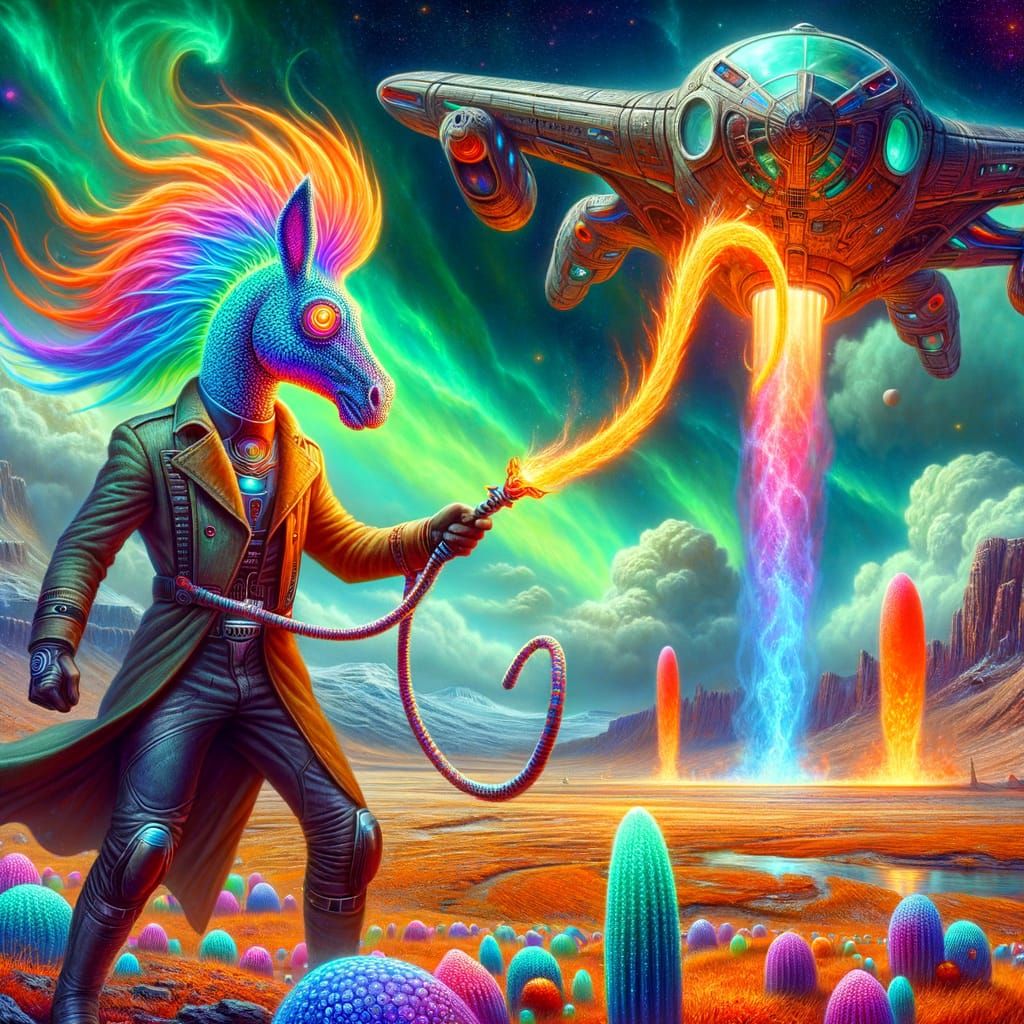 Ethereal Alien Journeyman Wields Cyberpunk Whip on Iridescen...