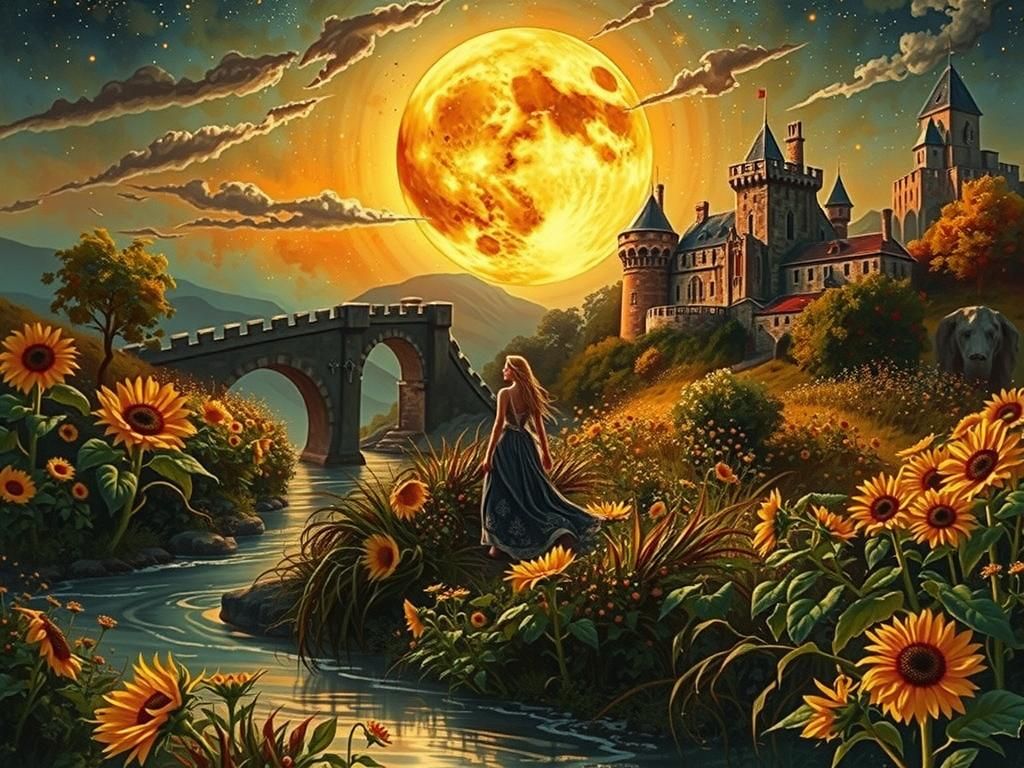 Woman, Castle, and Sunflowers under Moonlight