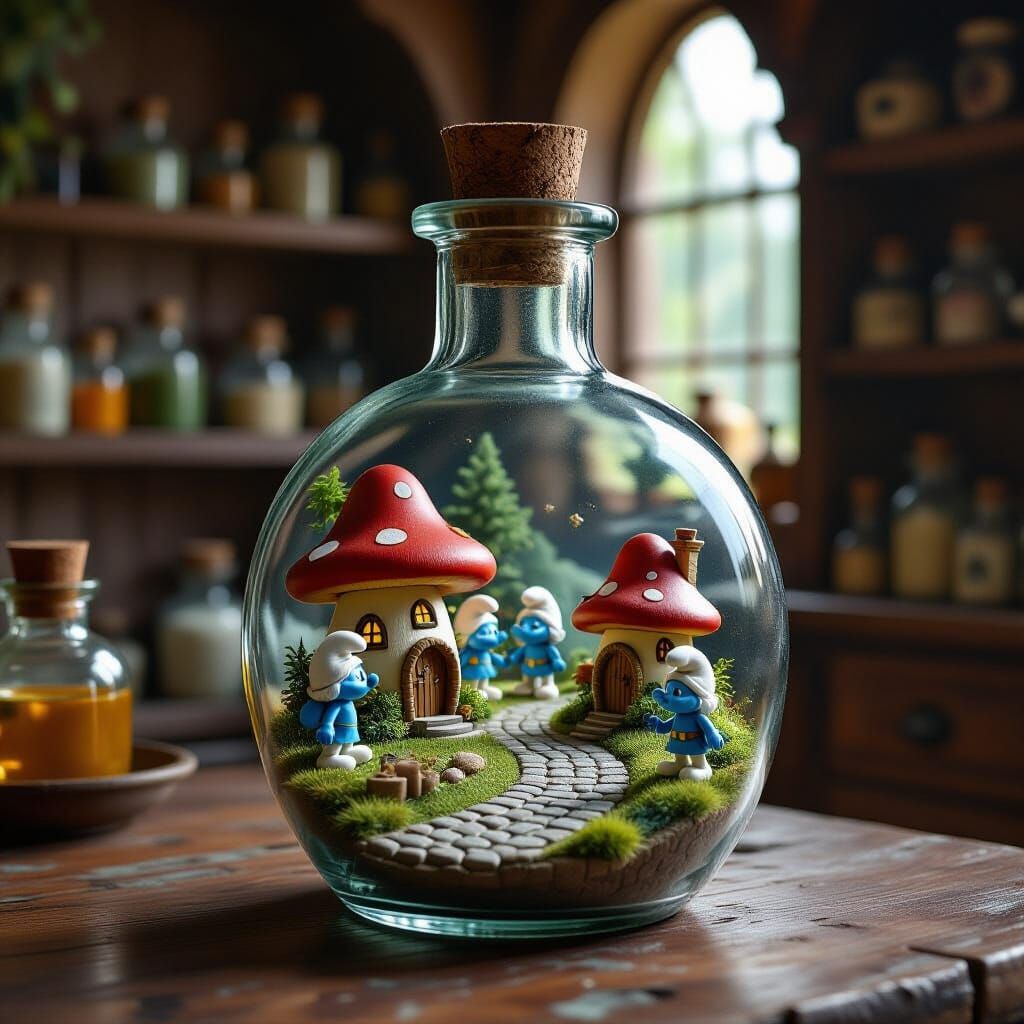 Miniature Smurf Village Inside Glass Bottle
