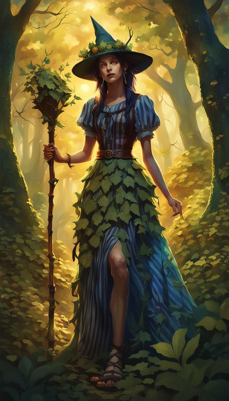 Lush Forest Witch with Magical Staff, Fantasy Art