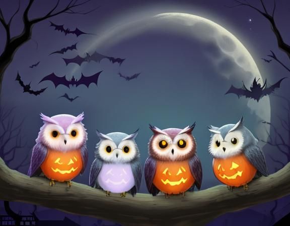 Chibi Owls on Halloween Night in Pastel Gothic Style
