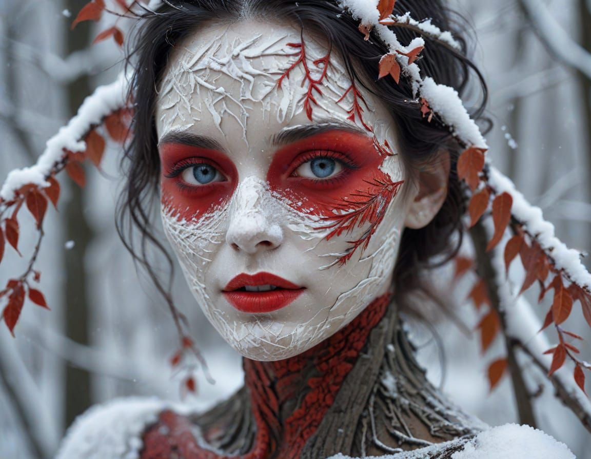 Biomechanical Woman Portrait with Glowing Cracks in Winter
