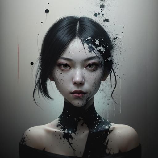 Japanese Woman in Cyberpunk City with Ink Splatters
