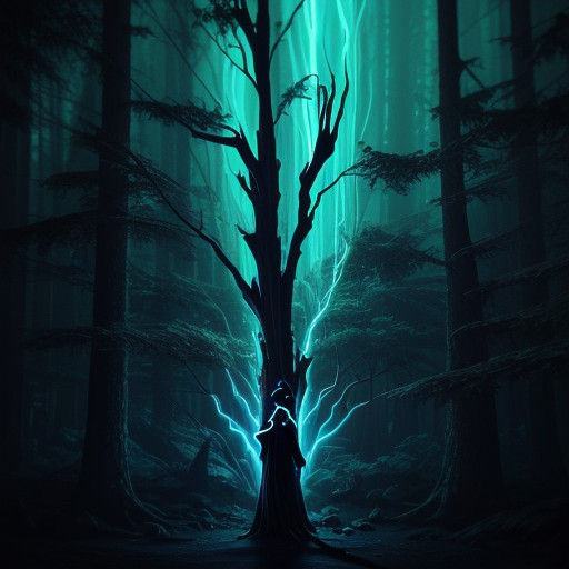 Cyberpunk Spine Cone Tree in Neon Lit Dark Forest