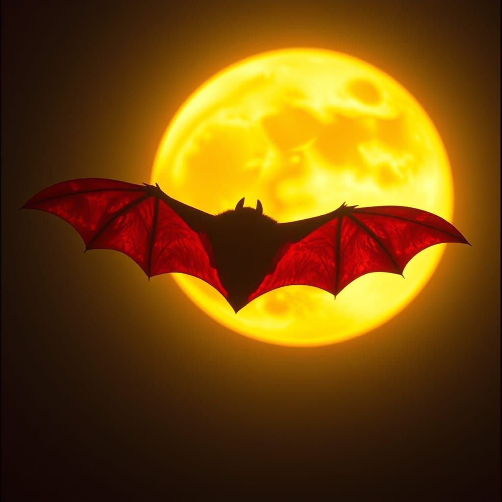 Giant Scarlet Bat Flies Before Golden Moon