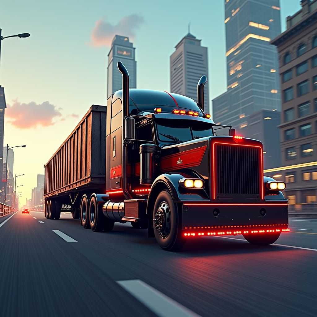 Black Peterbilt Truck on Highway, Atmospheric Concept Art