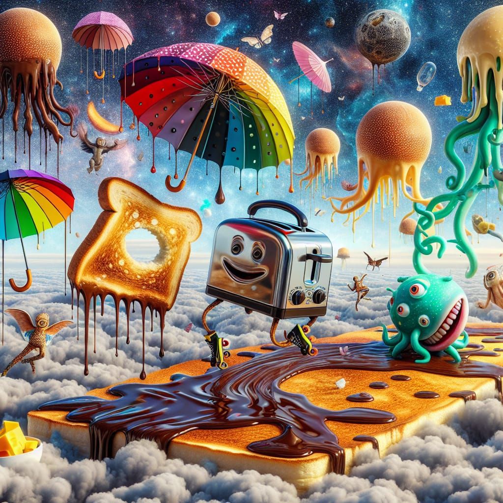 Surreal Umbrellas Rain Syrup on Pancake Moon, 8k