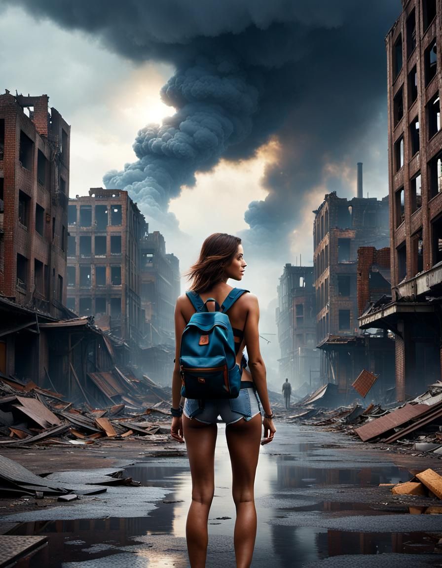 Stalker Girl in Dilapidated City: Photorealistic Rendering