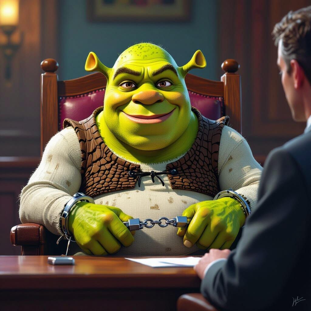 Shrek in Handcuffs Smiling at Judge, Evil Ogre Concept Art