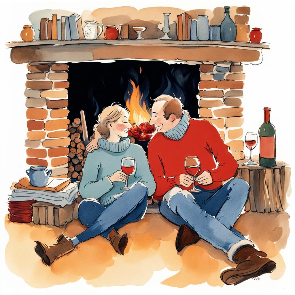 Cosy Couple Embrace by Fire in Quentin Blake Style