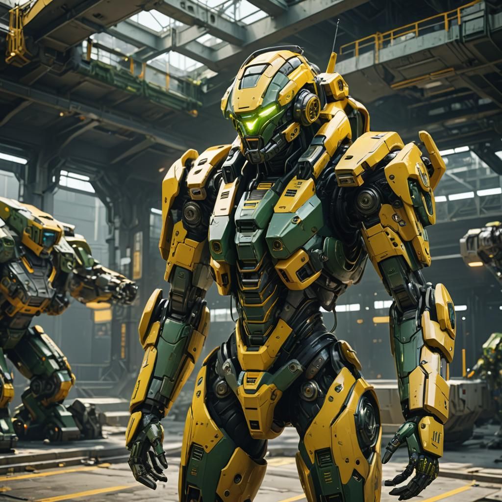 Female in Yellow Mech Suit at Military Base