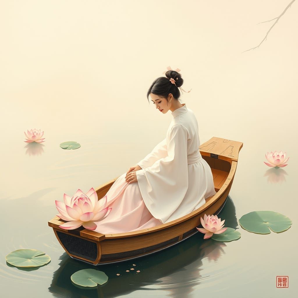 Serene Woman in Traditional Chinese Hanfu, Drifting on a Tra...