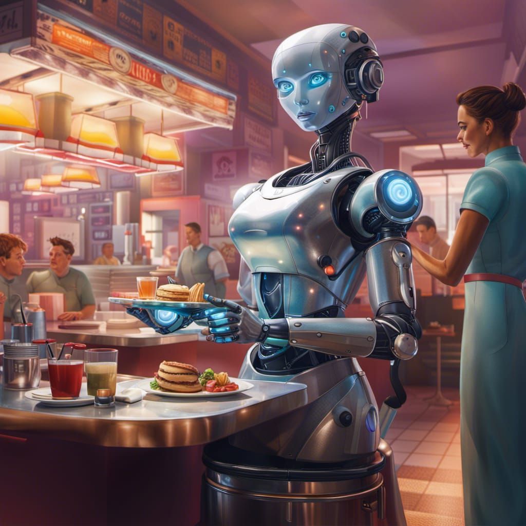 Robotic Waitress Serving Diner Customers: Hyperrealistic Art