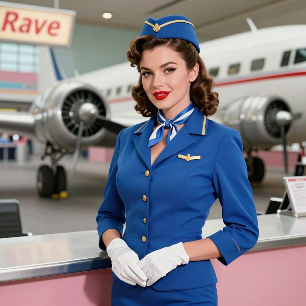 1950s Pin-Up Stewardess in Vintage Airline Uniform