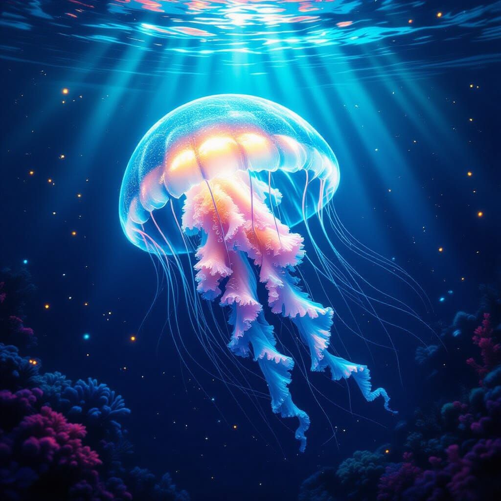 Bioluminescent Jellyfish in Deep Sea Trench Digital Painting
