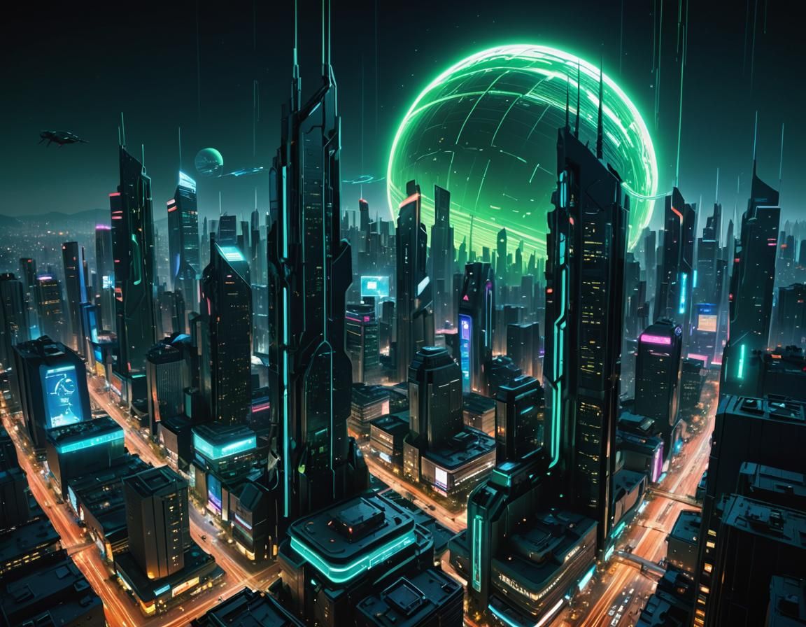 Cyberpunk Planet: Neon Skyscrapers and Spaceships