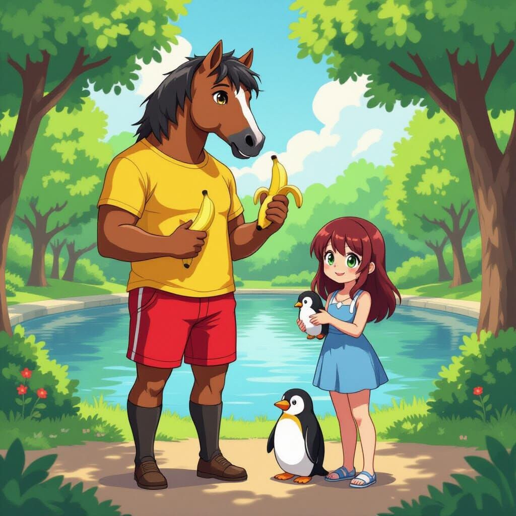 Centaur in Summer Park, Cel-Shaded Anime Style