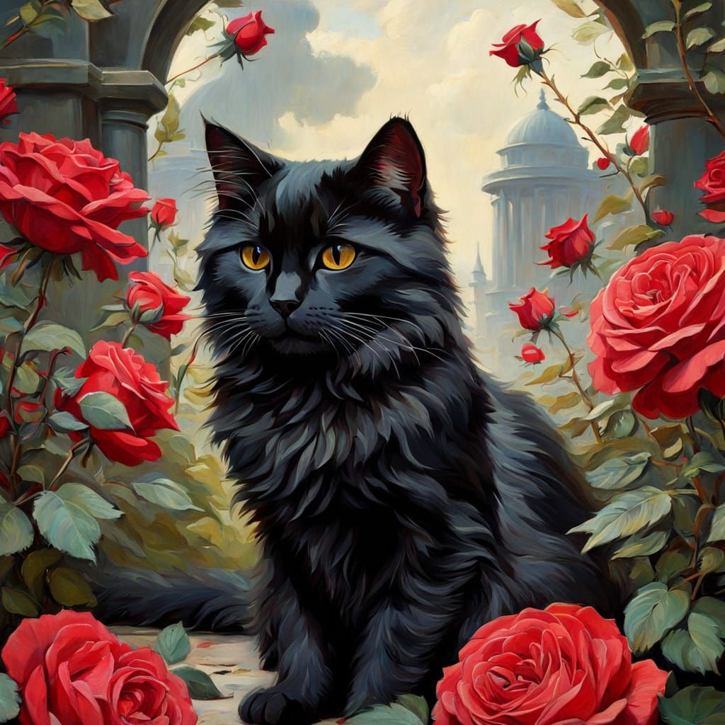 Ethereal Black Cat Amidst Vibrant Roses in Oil Painting Styl...