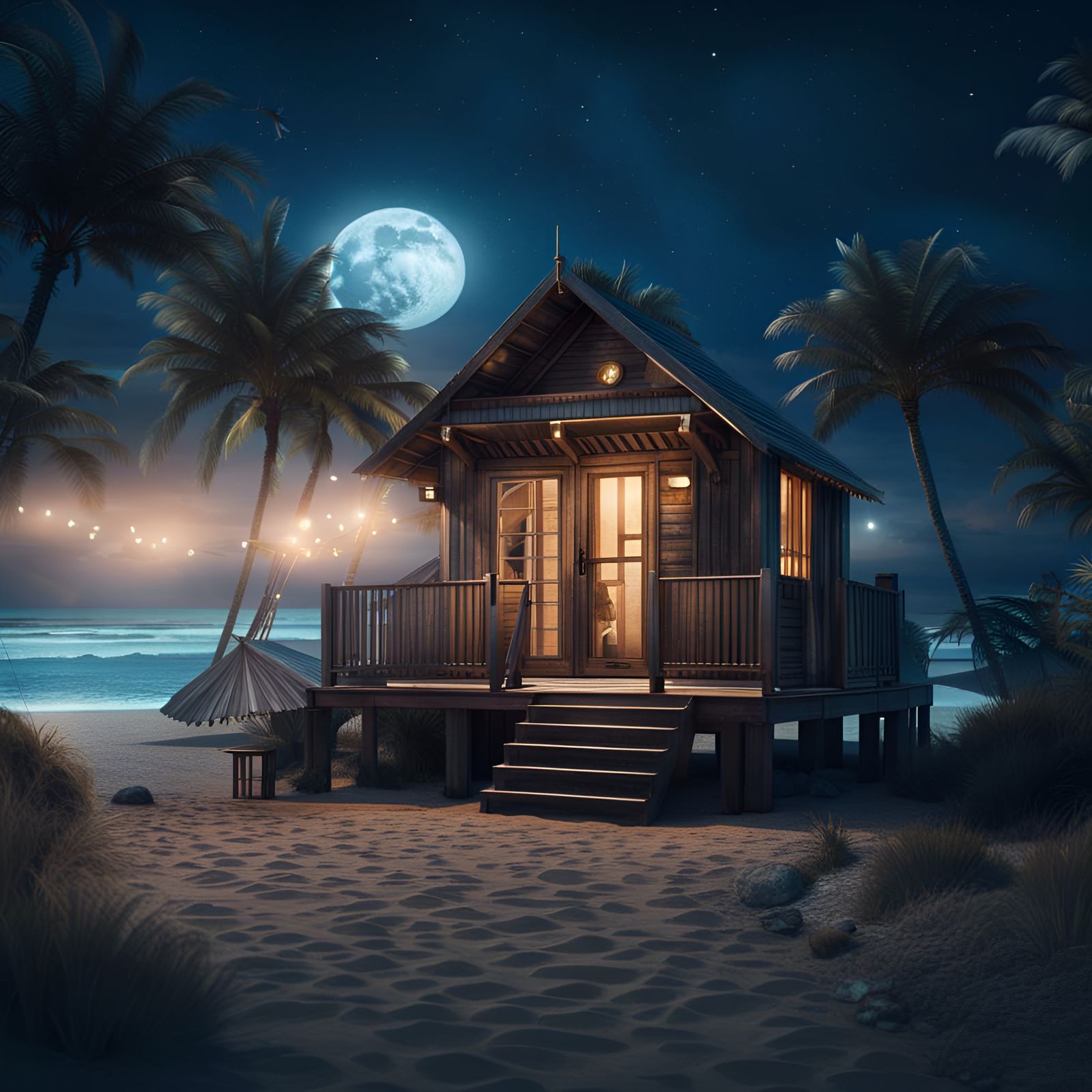 Luxury Beach Hut Under Moonlight: Digital Matte Painting